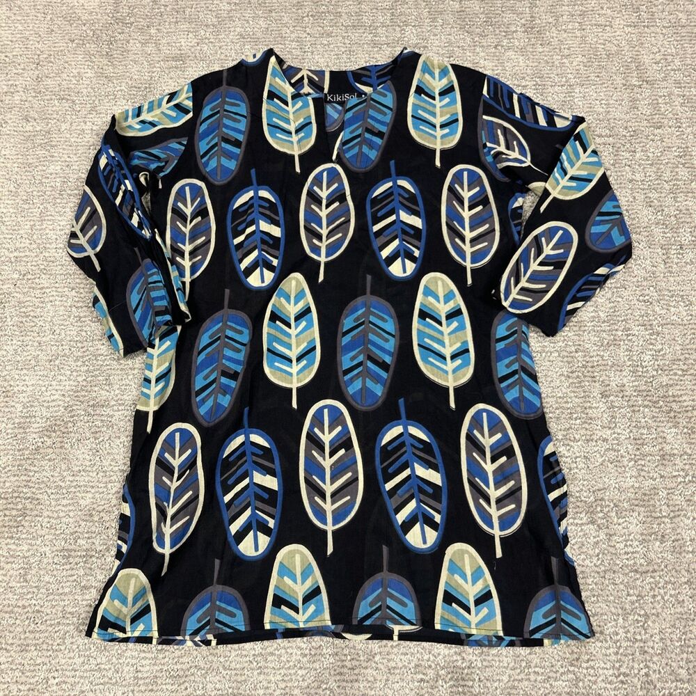KikiSol Tunic Top Womens Small Cotton Cover Up Beach Black Blue Leaf Semi Sheer